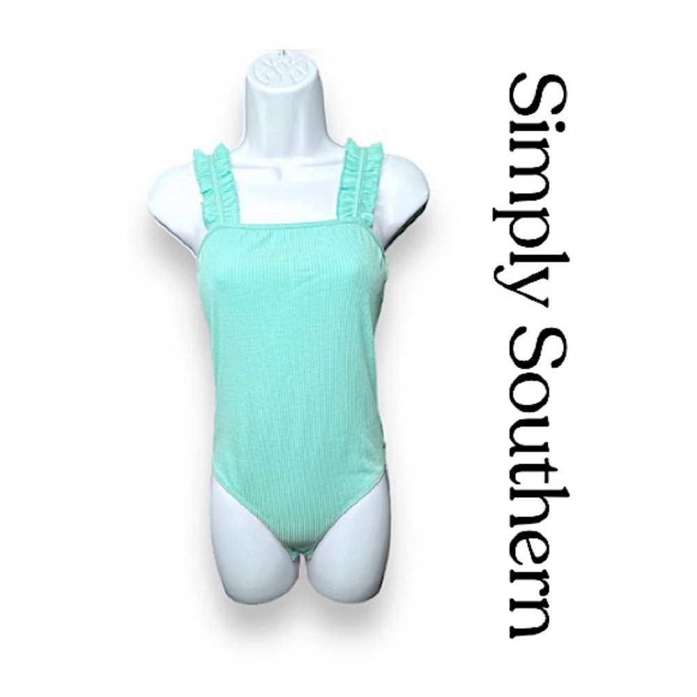 NWT! Simply Southern Teal Ruffle Strap Ribbed Bodysuit Size M